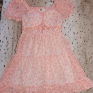 Pink and White Puff Sleeve Midi Sundress